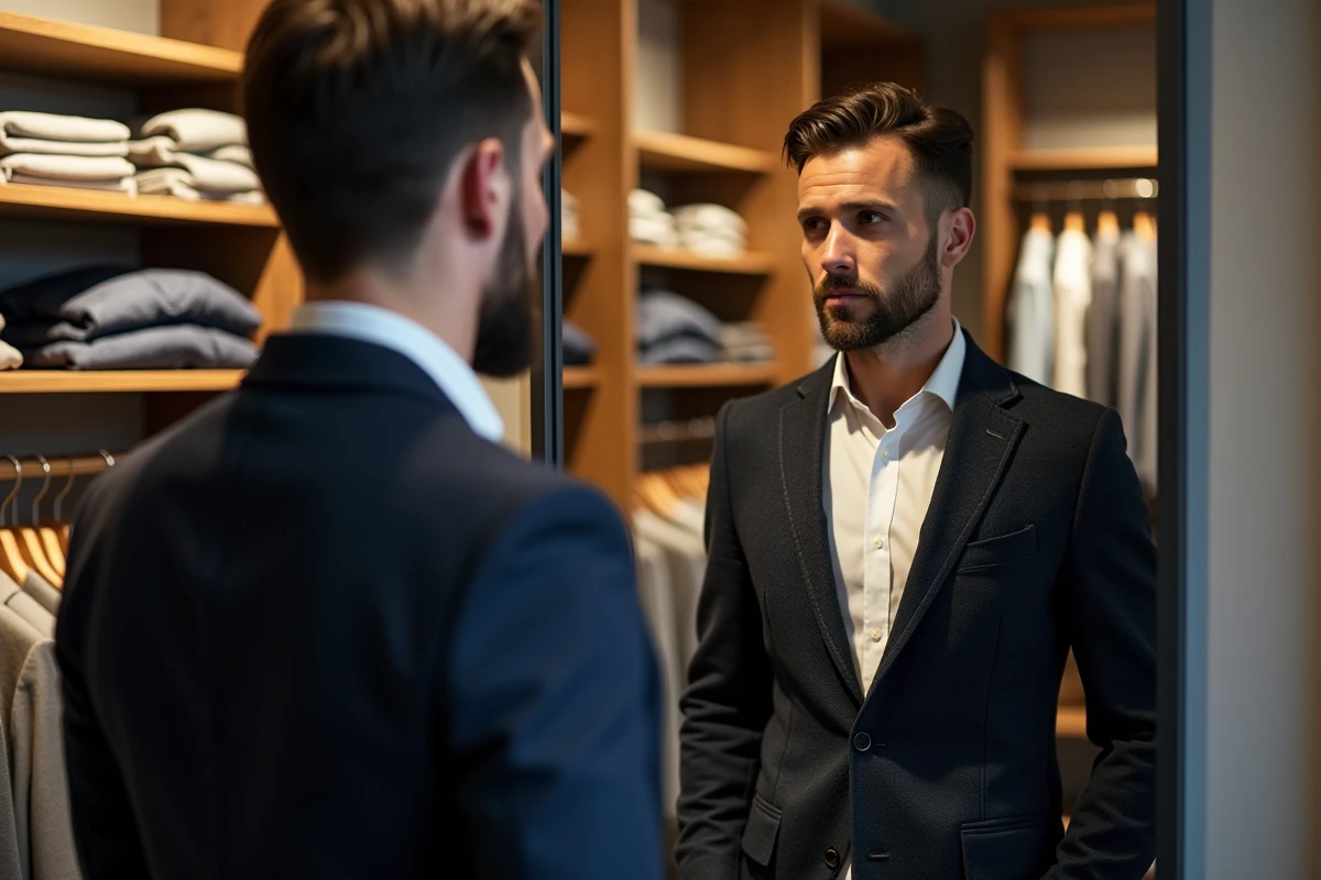 Homme regardant son reflet dans une boutique élégante