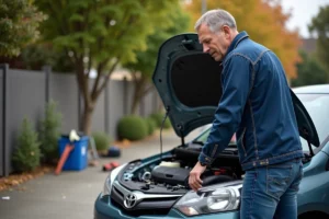 Homme d'âge moyen examine le moteur de sa voiture compacte