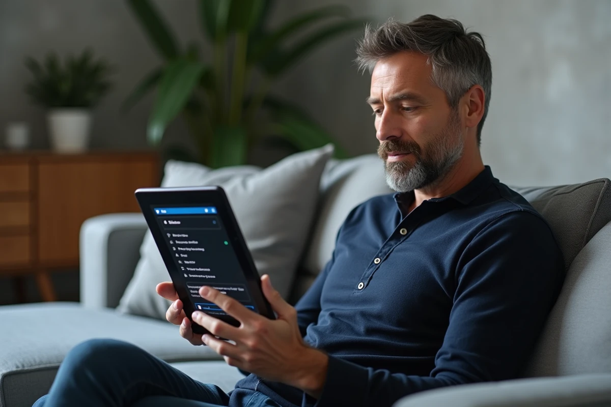 Homme utilisant un VPN sur tablette pour accéder à Moovbob sans restriction en France