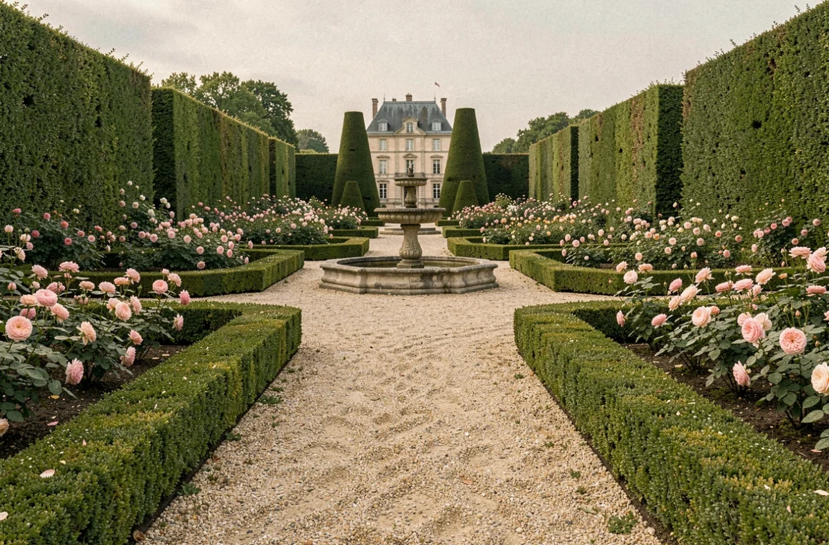 Jardin à la française avec allées de gravier, haies de buis taillées et parterre de roses autour d'une fontaine en pierre