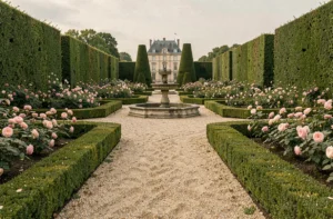 Jardin à la française avec allées de gravier, haies de buis taillées et parterre de roses autour d'une fontaine en pierre