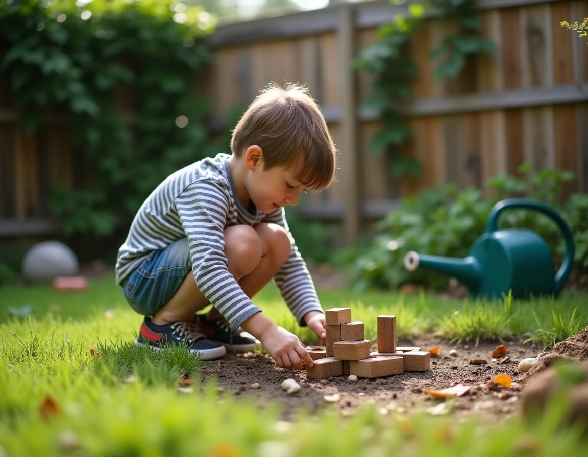Un garçon concentré qui construit une structure avec des blocs en bois et des matériaux naturels dans un jardin résidentiel