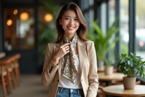 Jeune femme ajustant un foulard en café urbain
