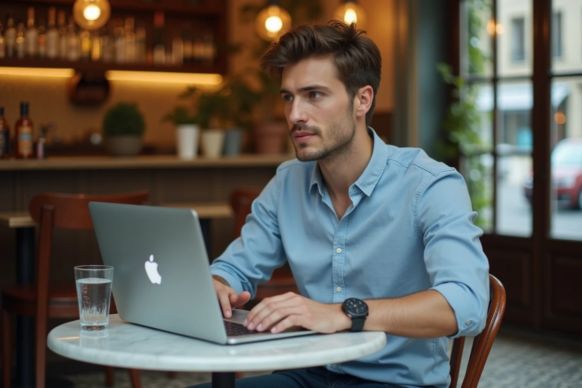 Jeune homme débloquant Moovbob depuis un café parisien avec son ordinateur portable en 2026