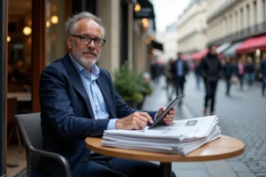 Journaliste français dans un café parisien en train de lire des journaux