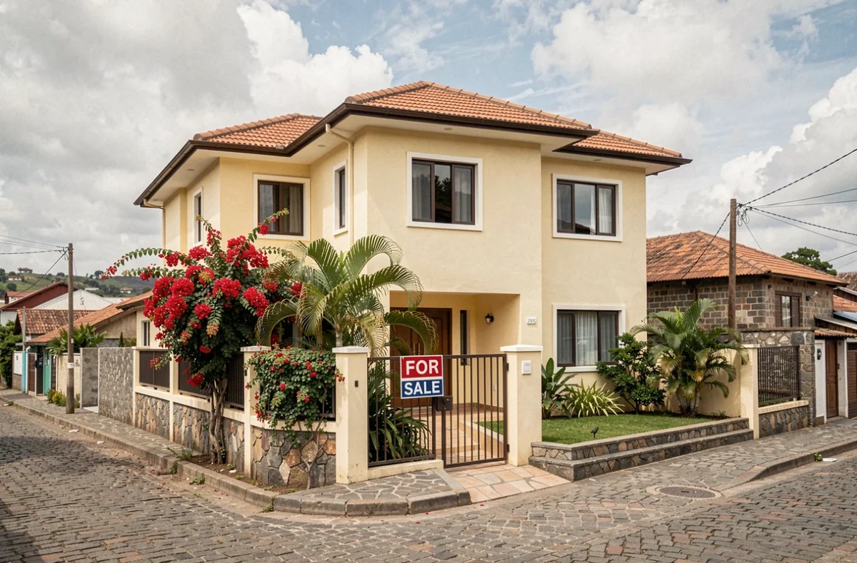 Maison moderne à vendre à Antananarivo avec jardin tropical et panneau immobilier