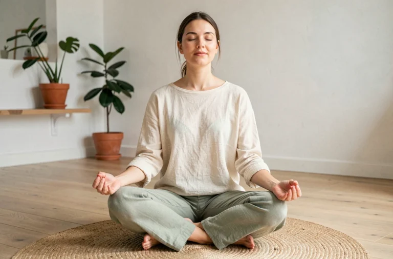 Femme pratiquant la méditation chez elle dans un intérieur minimaliste scandinave pour améliorer son bien-être au quotidien