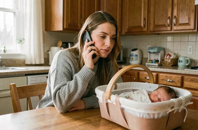 Jeune mère assise à une table en bois, tenant un smartphone pour contacter le service client d'une boutique pour bébés, avec un nouveau-né endormi dans un berceau à côté d'elle