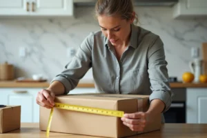 Femme mesurant un colis Colissimo avec un mètre ruban sur une table en bois pour vérifier les dimensions maximales autorisées