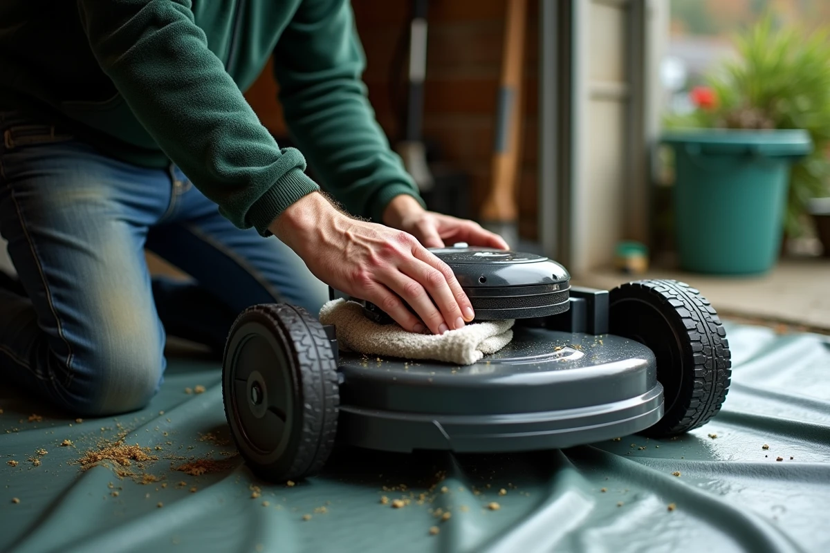 Homme nettoyant le dessous d'un robot tondeuse avant l'hivernage dans un garage, retirant les résidus d'herbe séchée avec une brosse douce