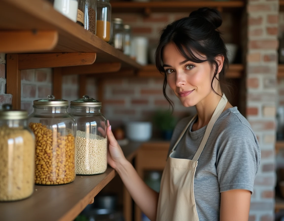 Femme organisant des bocaux de rangement en verre avec des ingrédients de cuisine essentiels sur des étagères en bois rustiques