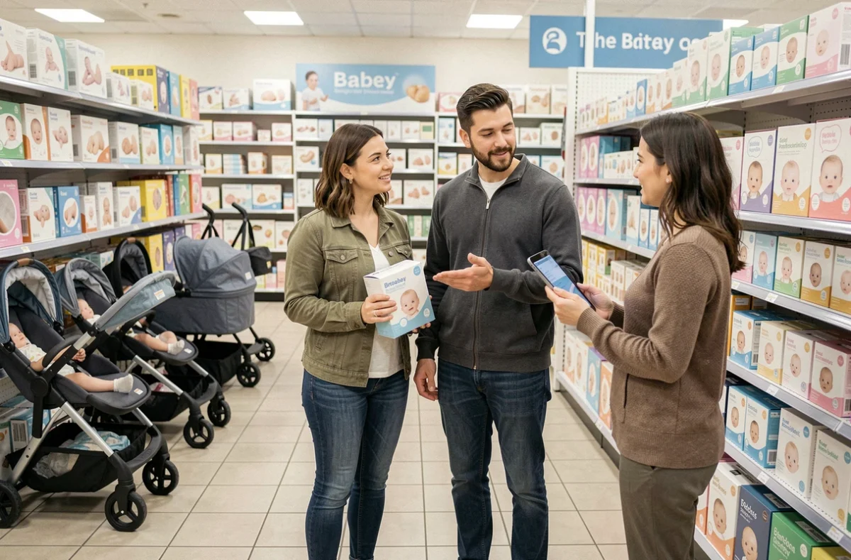 Couple de parents parlant avec un conseiller du service client dans une boutique physique spécialisée pour bébés, tenant un produit en rayon