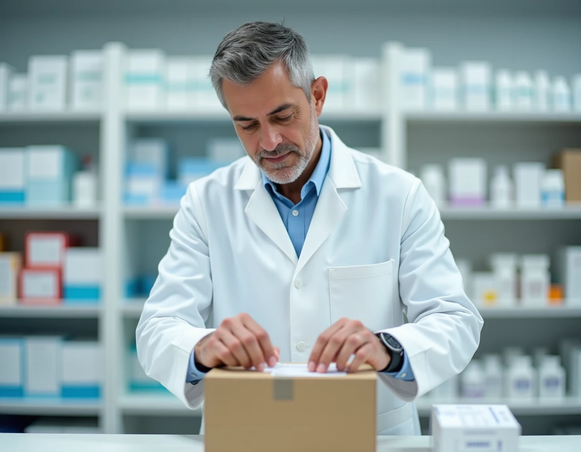 Un pharmacien prépare un colis de médicaments pour une livraison à domicile, représentant les services de pharmacie en ligne dédiés aux personnes âgées
