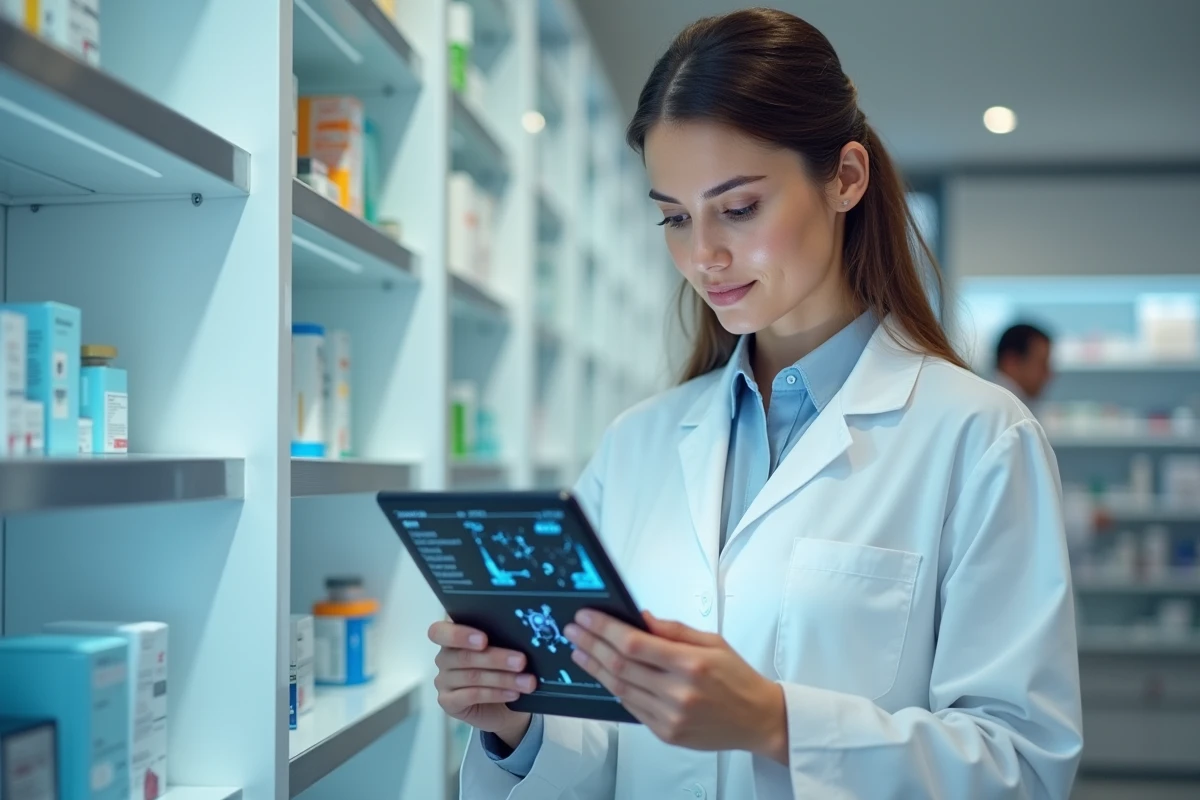 Pharmacienne en blouse blanche consultant une tablette numérique avec des données pharmaceutiques dans une pharmacie moderne