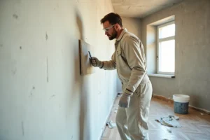 Plâtrier appliquant un enduit de lissage sur un mur intérieur avec une taloche en acier inoxydable lors d'une rénovation