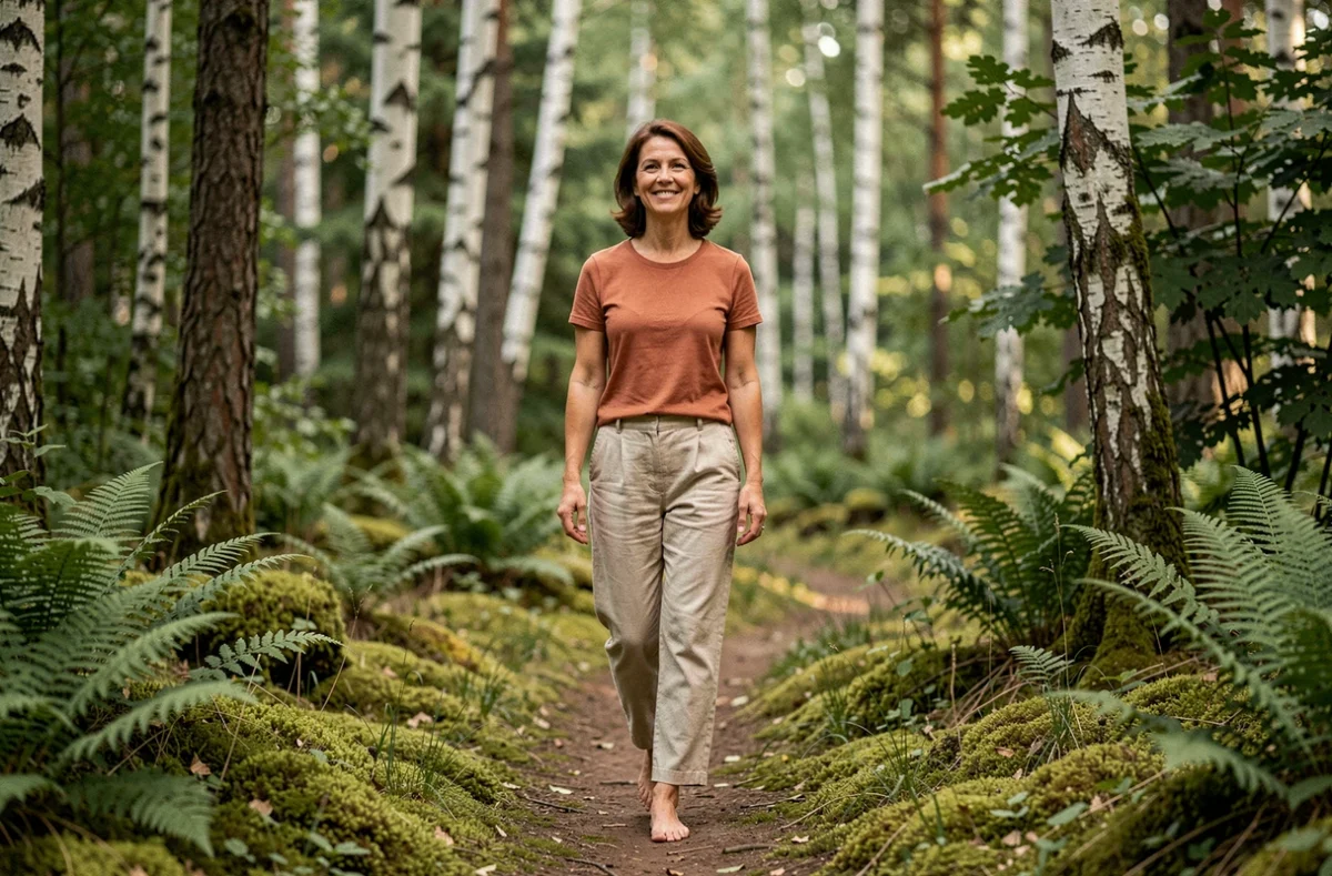 Femme se promenant pieds nus en forêt sur un sentier naturel pour se ressourcer et améliorer son bien-être mental