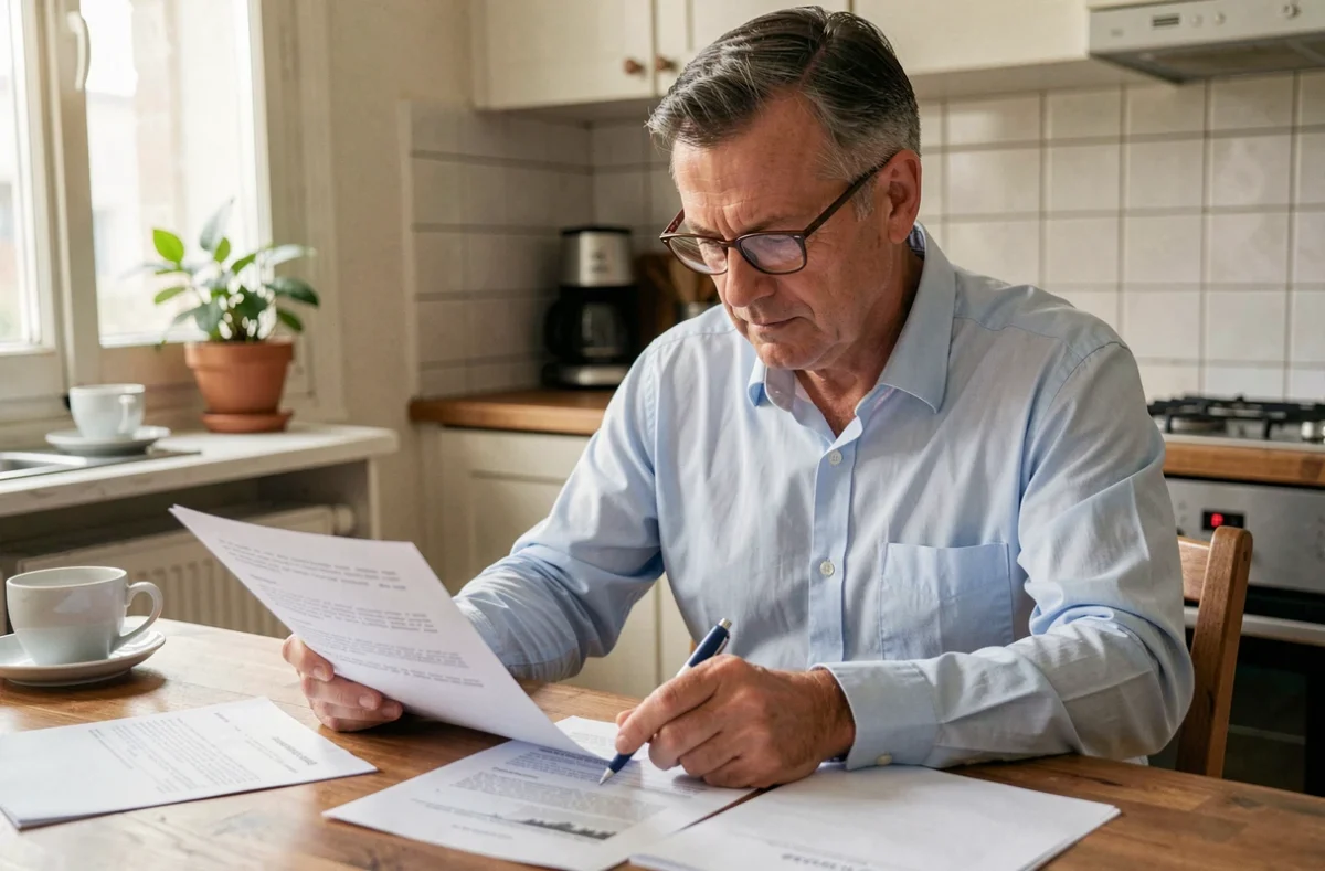 Propriétaire immobilier vérifiant ses documents de déclaration de loyers à la CAF sur une table de cuisine