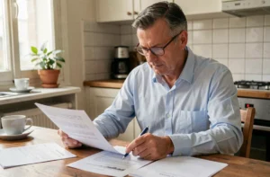 Propriétaire immobilier vérifiant ses documents de déclaration de loyers à la CAF sur une table de cuisine