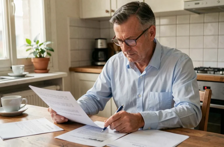Propriétaire immobilier vérifiant ses documents de déclaration de loyers à la CAF sur une table de cuisine