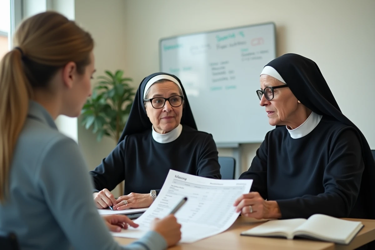 Une religieuse en habit marine discutant d'un document budgétaire avec un laïc dans une salle administrative