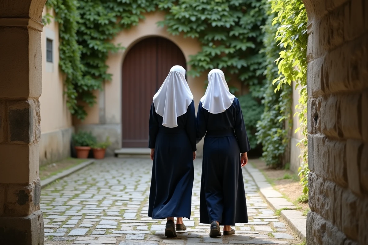 Deux religieuses marchant dans la cour d'un couvent français discutant de la vie communautaire
