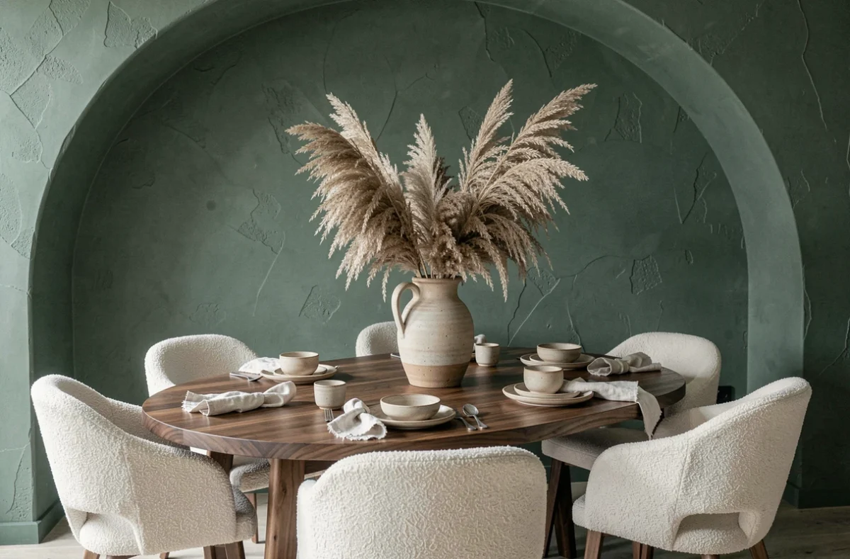 Salle à manger élégante avec table ovale en noyer, chaises en bouclé blanc et mur en plâtre vert sauge, décorée d'un vase en grès avec herbes de pampa séchées