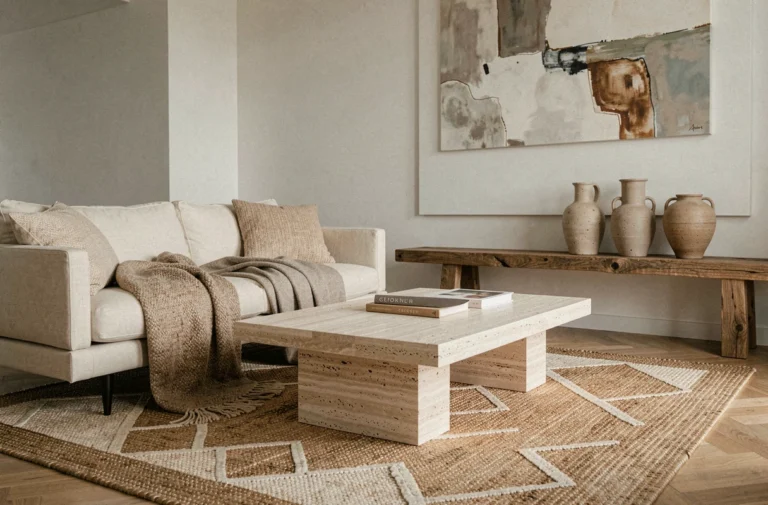 Salon moderne de style scandinave avec canapé en lin crème, table en travertin et étagère en chêne décorée de vases céramiques, idéal pour une décoration intérieure innovante