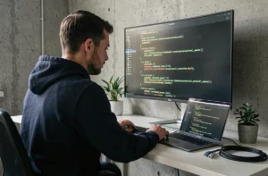 Ingénieur informatique analysant des logs de sécurité Linux sur un terminal en ligne de commande dans un bureau moderne