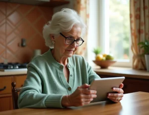 Une femme âgée consulte un site de pharmacie en ligne sur une tablette dans sa cuisine, illustrant les services de pharmacie numérique pour les seniors