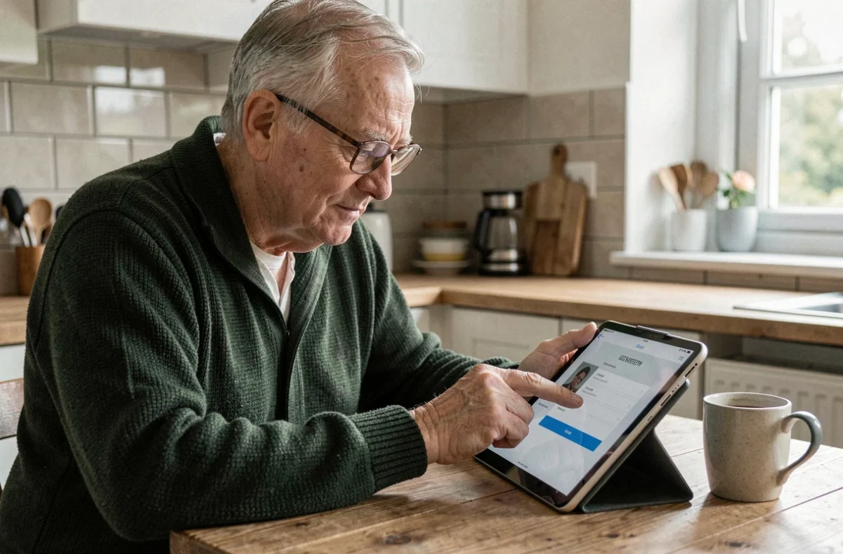 Senior utilisant une tablette pour se connecter à son espace client Logitelnet depuis sa cuisine