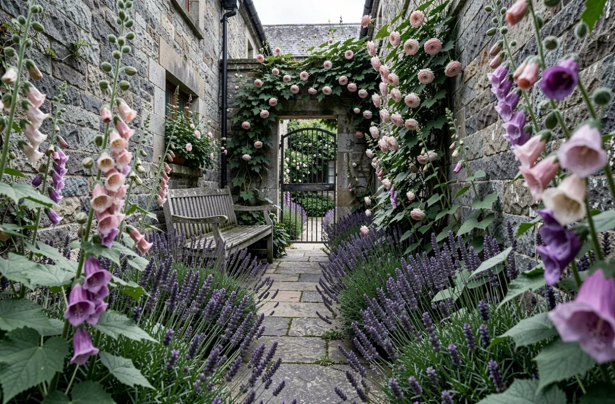 Sentier sinueux dans un jardin de cottage anglais entouré de lavande, de roses grimpantes et de digitales en fleurs
