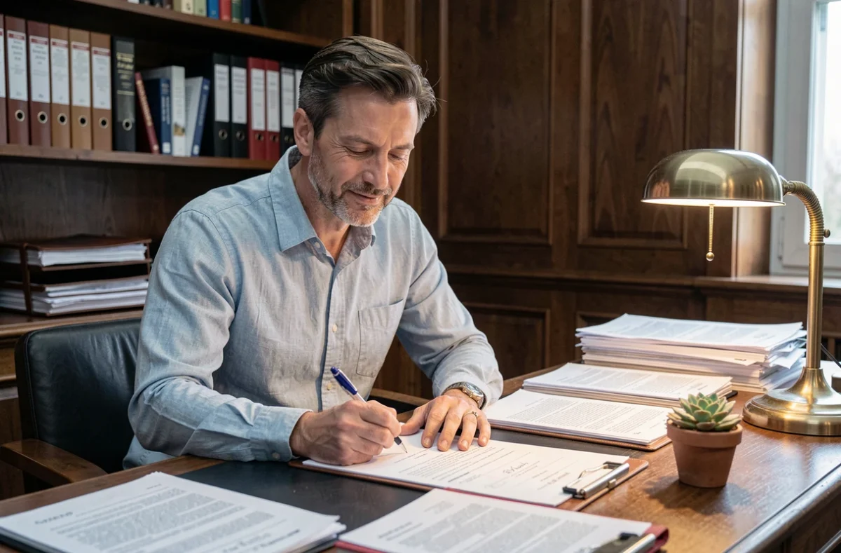 Homme signant un contrat d'achat immobilier chez un notaire avec des documents officiels