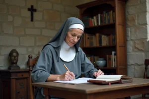 Sœur religieuse en habit gris examinant des documents financiers dans un bureau de couvent en France