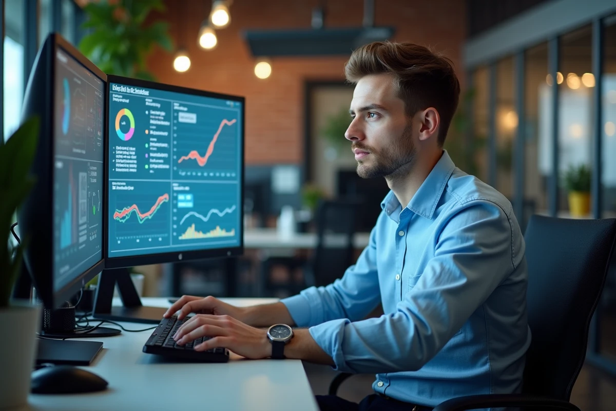 Jeune spécialiste informatique travaillant sur ses écrans