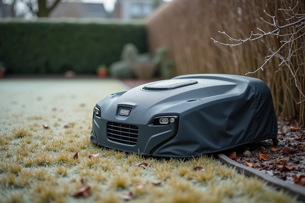 Station de charge d'un robot tondeuse recouverte d'une housse de protection imperméable dans un jardin hivernal avec givre sur les feuilles mortes