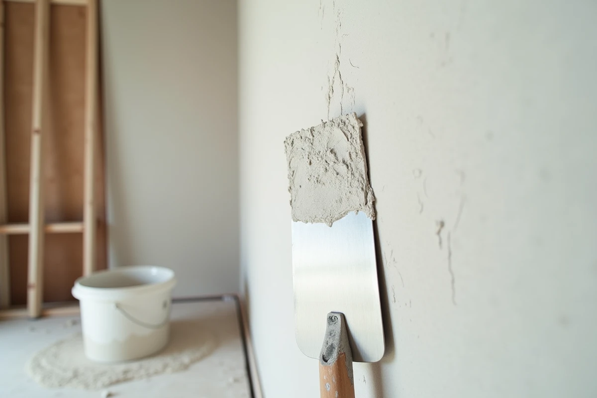 Gros plan sur la texture d'un enduit de lissage fraîchement appliqué sur un mur avec une spatule professionnelle