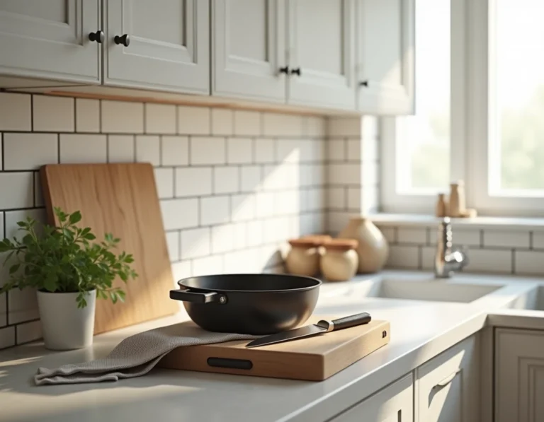 Ustensiles de cuisine indispensables sur un plan de travail moderne avec couteau de chef, planche à découper et poêle en fonte