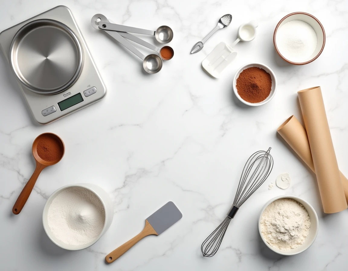 Vue de dessus des ustensiles de pâtisserie essentiels disposés sur un plan de travail en marbre blanc avec farine et cacao