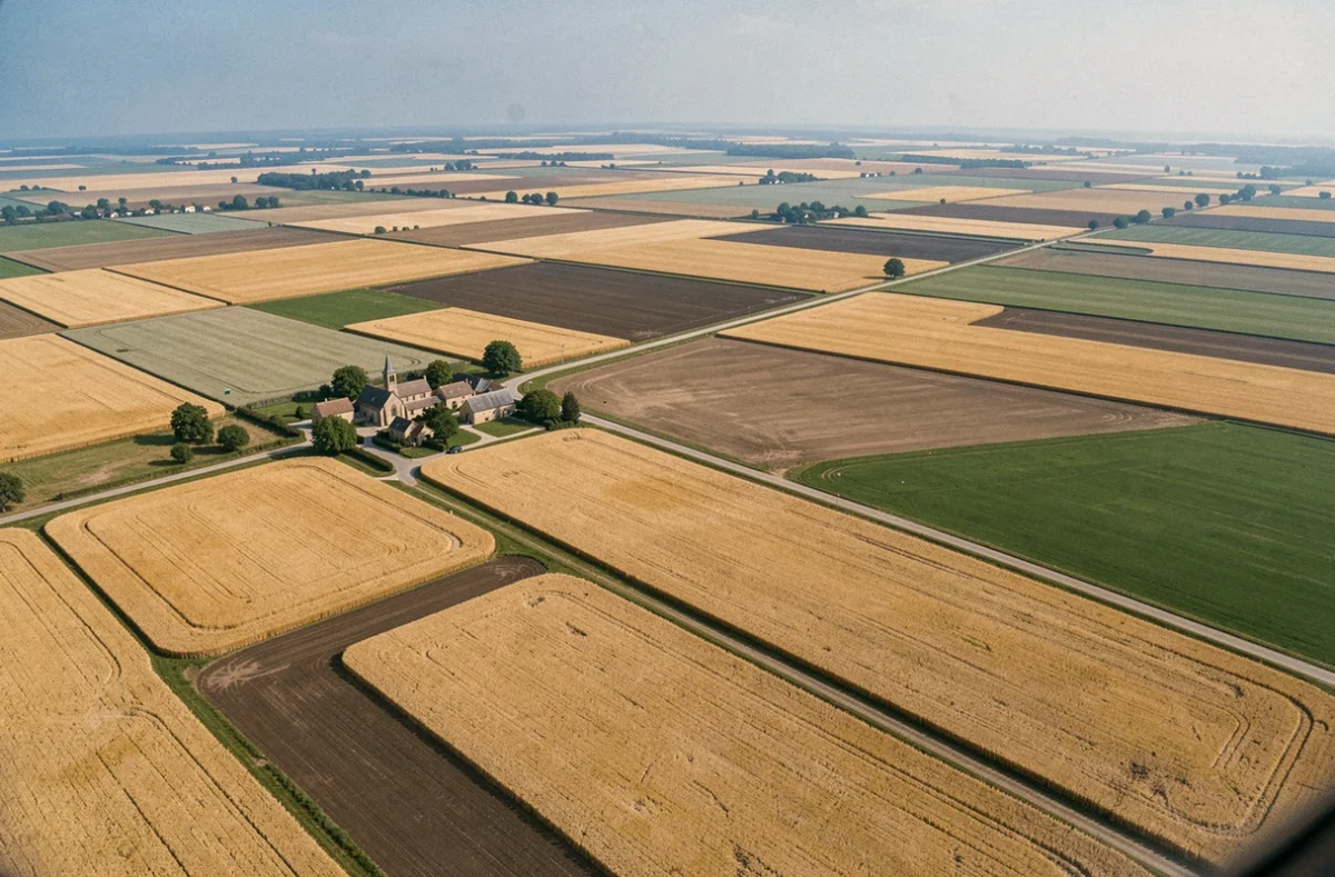 Vue aérienne de vastes parcelles agricoles françaises illustrant la concentration du patrimoine foncier